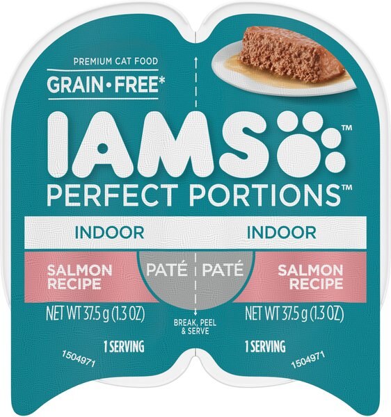 Iams Perfect Portions Indoor Salmon Recipe Pate Grain-Free Cat Food Trays, 2.6-oz, case of 24 twin-packs slide 1 of 8