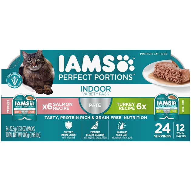 IAMS Perfect Portions Indoor Multipack Salmon &Turkey Recipe Pate Grain-Free  Cat Food Trays, 2.6-oz, case of 12 twin-packs - Chewy.com
