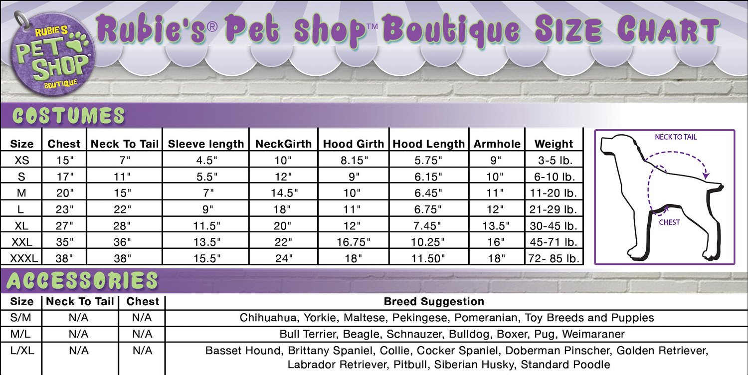 Rubies Dog Costume Size Chart