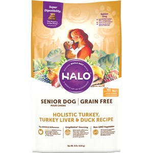 Halo Holistic Grain Free Turkey, Turkey Liver, & Duck Senior Dog Food Recipe Dry Dog Food Bag, 10-lb bag 