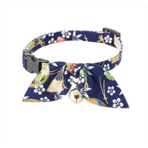 Necoichi Oribon Kimono Bow Tie Cotton Breakaway Cat Collar with Bell, Blue, 8.2 to 13.7-in neck, 2/5-in wide