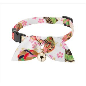 Necoichi Oribon Kimono Bow Tie Cotton Breakaway Cat Collar with Bell, White, 8.2 to 13.7-in neck, 2/5-in wide