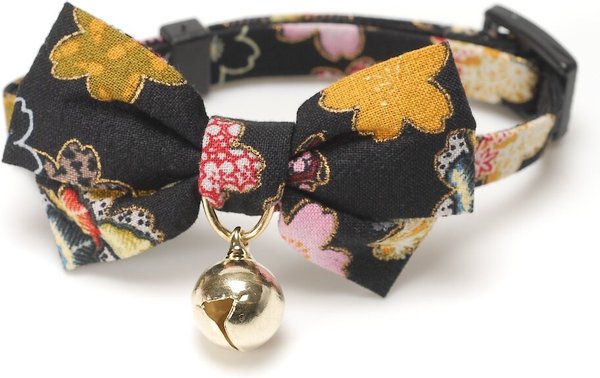 Necoichi Japanese Kimono Bow Tie Cotton Breakaway Cat Collar with Bell, Black, 8.2 to 13.7-in neck, 2/5-in wide slide 1 of 7