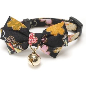 Necoichi Japanese Kimono Bow Tie Cotton Breakaway Cat Collar with Bell, Black, 8.2 to 13.7-in neck, 2/5-in wide
