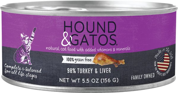 Hound & Gatos 98% Turkey & Liver Formula Grain-Free Canned Cat Food, 5.5-oz, case of 24 slide 1 of 7