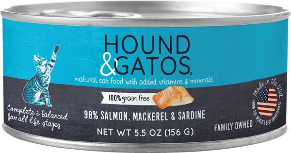 Hound & Gatos 98% Salmon, Mackerel & Sardine Grain-Free Canned Cat Food, 5.5-oz, case of 24 slide 1 of 8