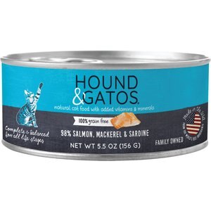 Hound & Gatos 98% Salmon, Mackerel & Sardine Grain-Free Canned Cat Food, 5.5-oz, case of 24