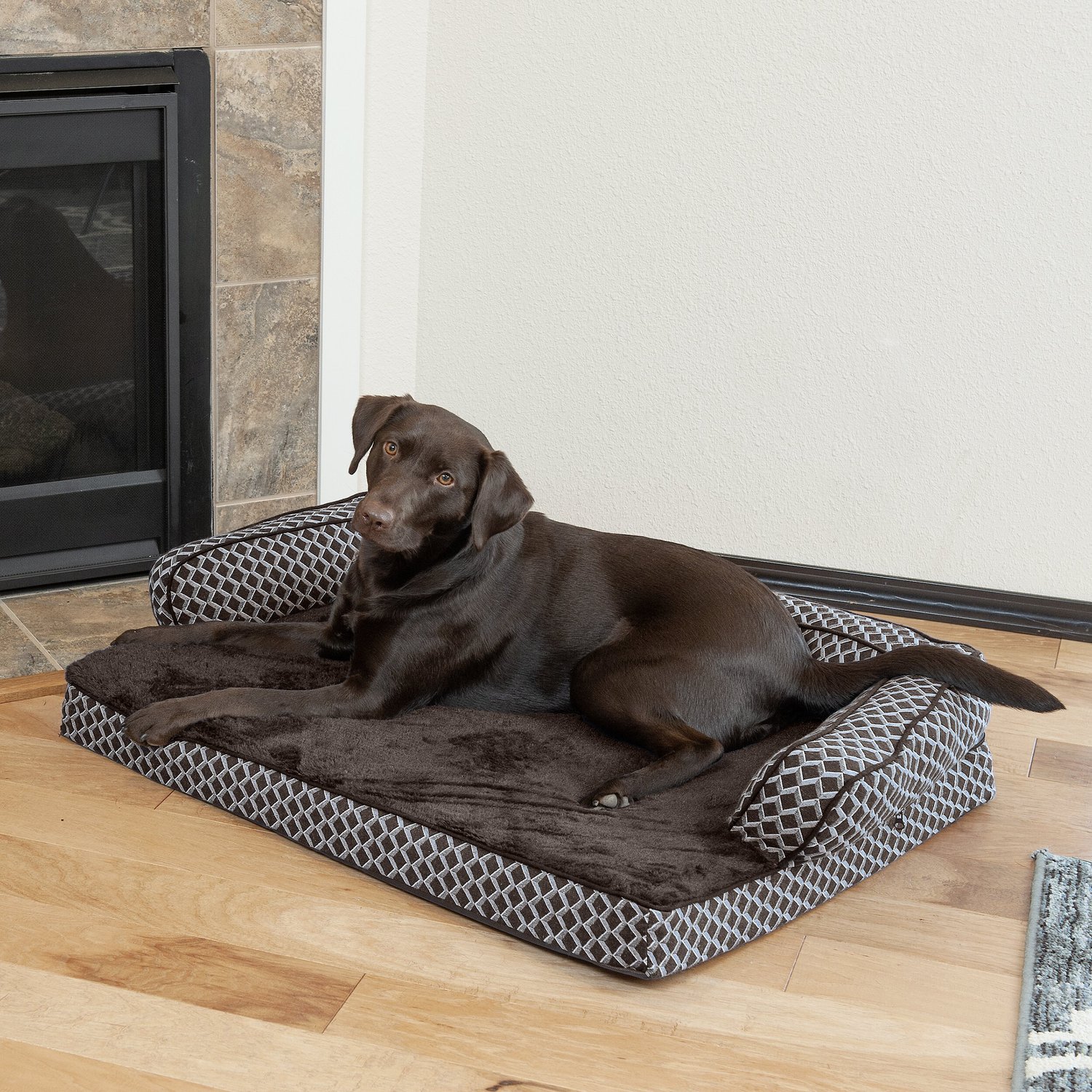 FURHAVEN Comfy Couch Orthopedic Bolster Dog Bed w/Removable Cover, Diamond Brown, Large