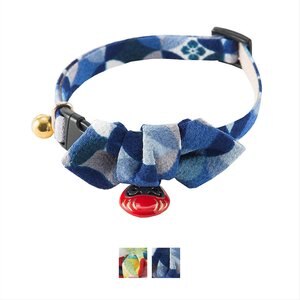 Necoichi Chirimen Daruma Charm Breakaway Cat Collar with Bell, Blue, 8.2 to 13.7-in neck, 2/5-in wide