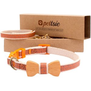 Pettsie Bow Tie Cotton Breakaway Cat Collar with Friendship Bracelet, Orange, 8 to 11-in neck, 3/8-in wide
