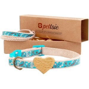Pettsie Heart Cotton Breakaway Cat Collar with Friendship Bracelet, Turquoise, 8 to 11-in neck, 3/8-in wide