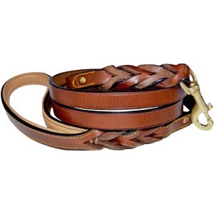 Soft Touch Collars Leather Braided Two-Tone Handle Dog Leash, Brown, 6-ft, 1/2-in