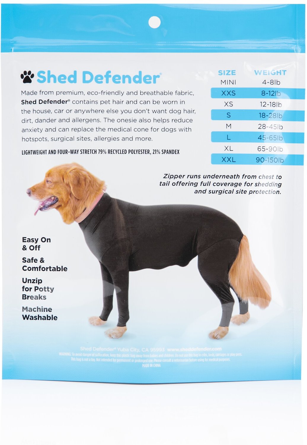 Shed Defender Shedding Dog Bodysuit, Black, X-Small 