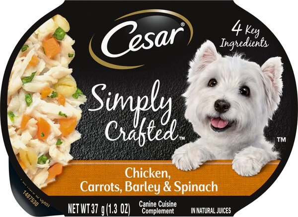 Cesar Simply Crafted Chicken, Carrots, Barley & Spinach Limited-Ingredient Wet Dog Food Topper, 1.3-oz, case of 10 slide 1 of 9