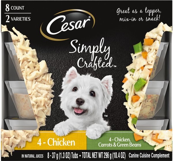 Cesar Simply Crafted Variety Pack Chicken & Chicken, Carrots & Green Beans Limited-Ingredient Wet Dog Food Topper, 1.3-oz, pack of 8 slide 1 of 9