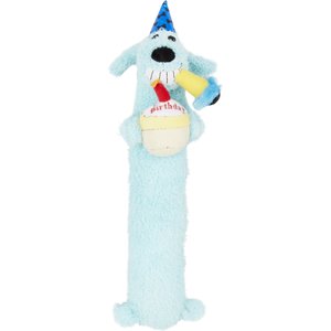 blue plush dog toy holding birthday cake