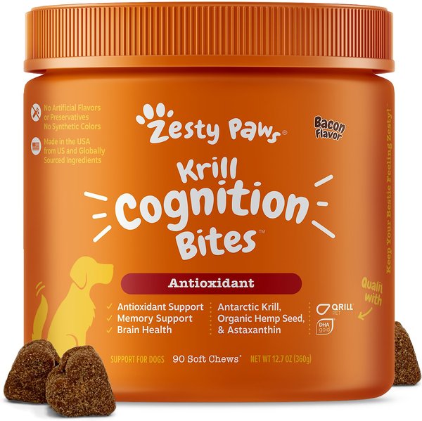 Zesty Paws Krill Cognition Bites Bacon Flavored Soft Chews Brain & Nervous System Supplement for Dogs, 90 count slide 1 of 10