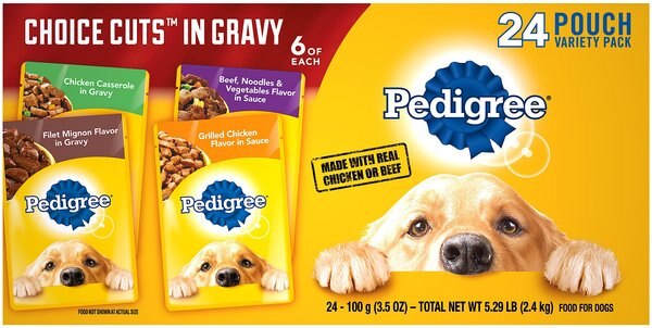 Pedigree Choice Cuts in Gravy Variety Pack Filet Mignon, Grilled Chicken, Chicken Casserole & Beef Noodle Wet Dog Food Pouches, 3.5-oz, case of 24 slide 1 of 8