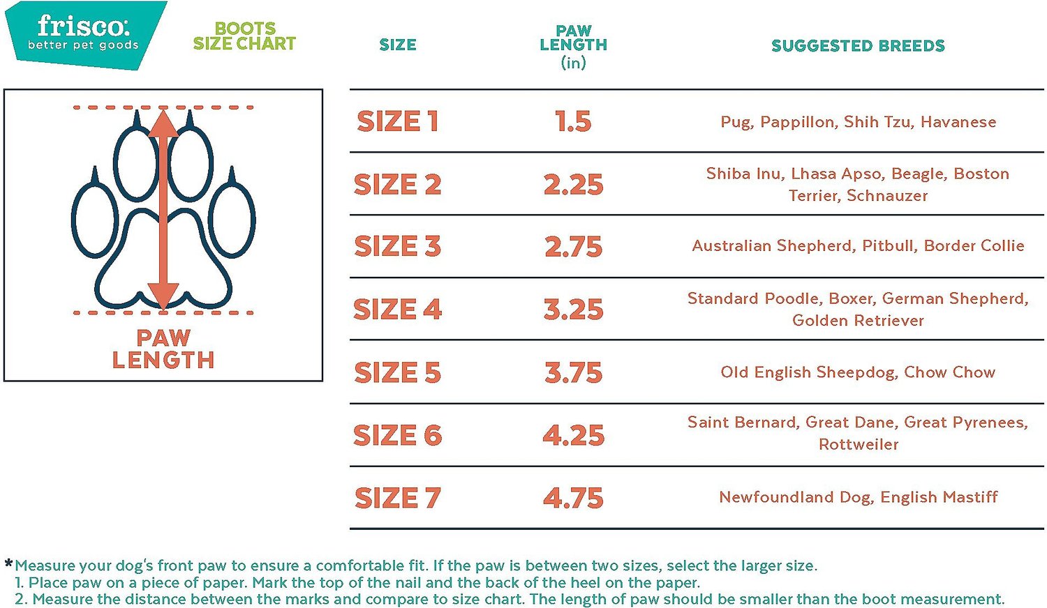 Pawz Boots Size Chart