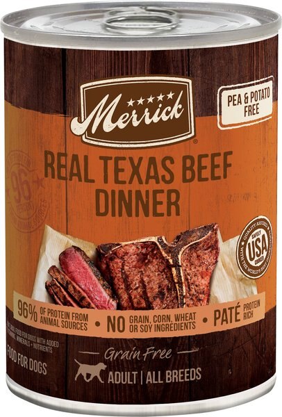 Merrick Grain-Free Real Texas Beef Dinner Canned Dog Food, 12.7-oz can, case of 12 slide 1 of 9