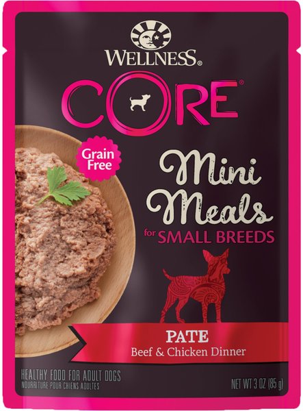 Wellness CORE Grain-Free Small Breed Mini Meals Beef & Chicken Pate Dog Food Pouches, 3-oz, case of 12 slide 1 of 9