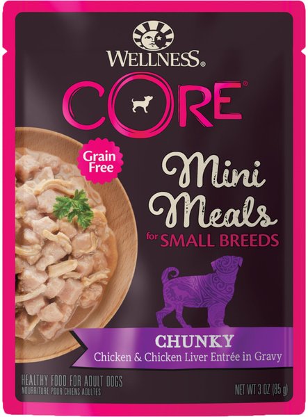 Wellness CORE Grain-Free Small Breed Mini Meals Chunky Chicken & Chicken Liver in Gravy Dog Food Pouches, 3-oz, case of 12 slide 1 of 9