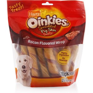 Hartz Oinkies Smoked Pig Skin Twists Bacon Flavor Wrap Dog Treats, 16 count
