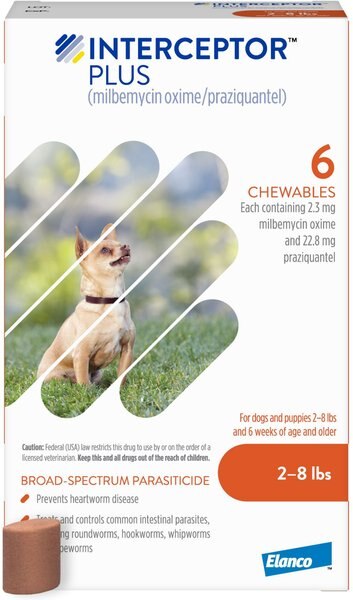 Interceptor Plus Chew for Dogs, 2-8 lbs, (Orange Box), 6 Chews (6-mos. supply) slide 1 of 9