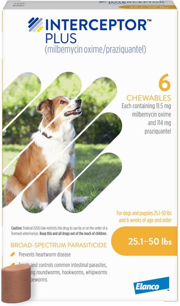 Interceptor Plus Chew for Dogs, 25.1-50 lbs, (Yellow Box), 6 Chews (6-mos. supply) slide 1 of 9