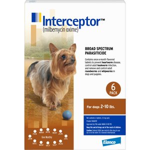Interceptor Chewable Tablet for Dogs, 2-10 lbs, (Brown Box), 6 Chewable Tablets (6-mos. supply)