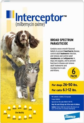 Interceptor Chewable Tablet for Dogs, 26-50 lbs, & Cats, 6.1-12 lbs, (Yellow Box), slide 1 of 1