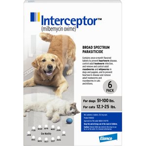Interceptor Chewable Tablet for Dogs, 51-100 lbs, & Cats, 12.1-25 lbs, (White Box), 6 Chewable Tablets (6-mos. supply)
