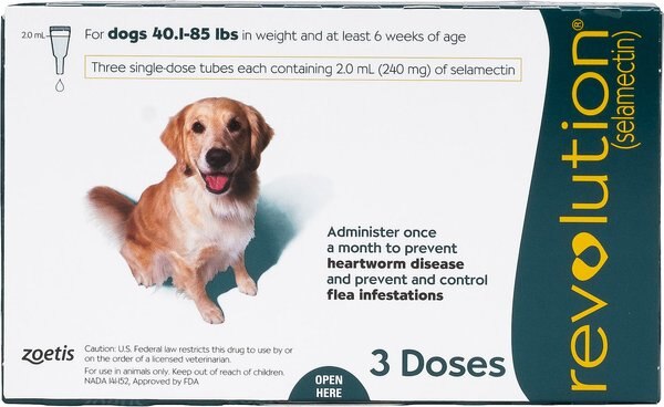 Revolution Topical Solution for Dogs, 40.1-85 lbs, (Teal Box), 3 Doses (3-mos. supply) slide 1 of 5