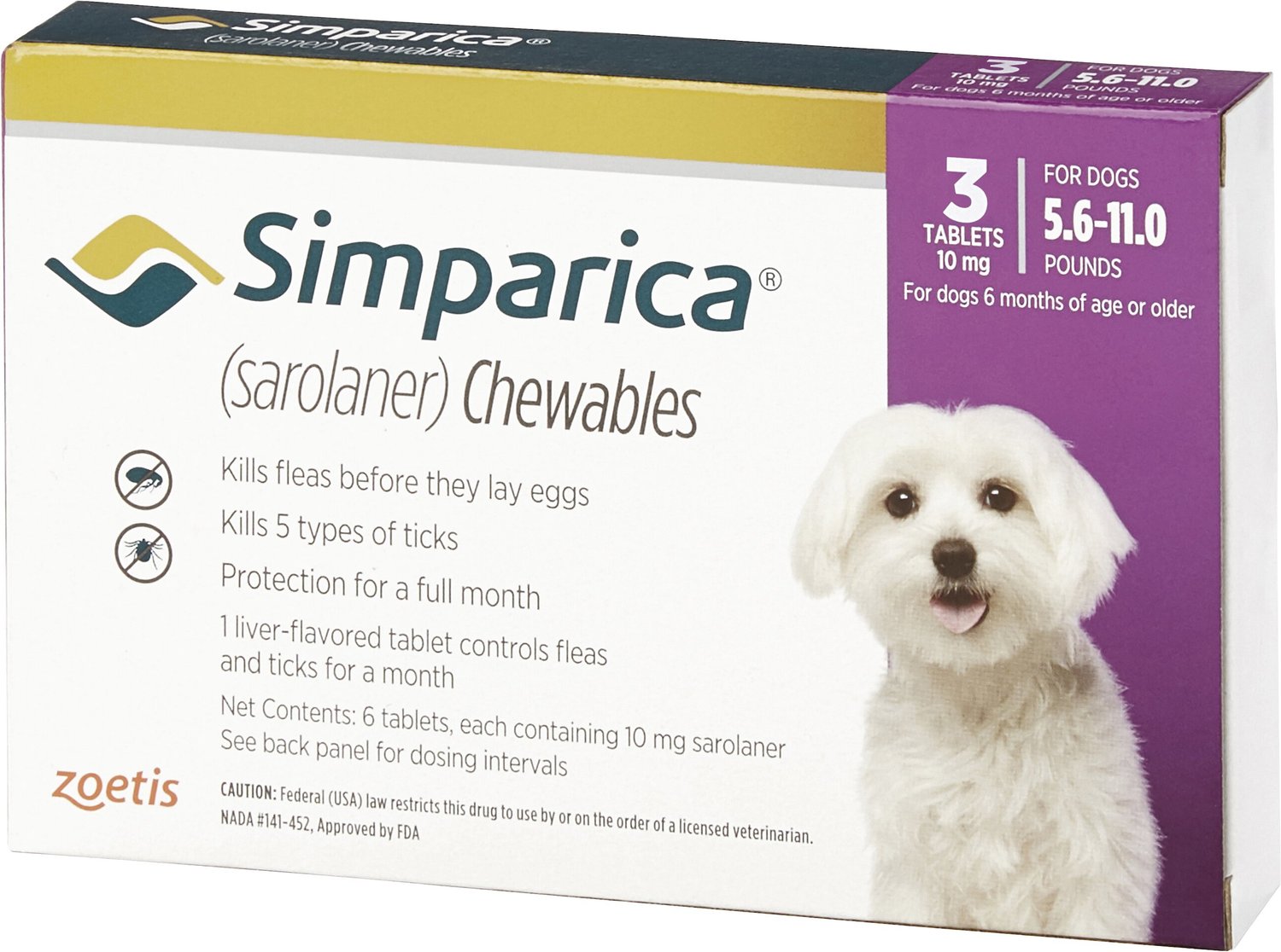 Simparica Chewable Tablets for Dogs, 5.611 lbs, 3 treatments