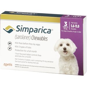 Simparica Chewable Tablet for Dogs, 5.6-11 lbs, (Purple Box), 3 Chewable Tablets (3-mos. supply)