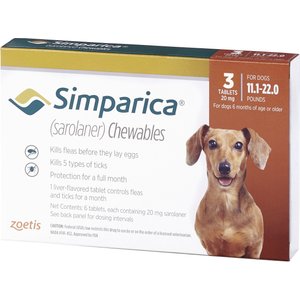 Simparica Chewable Tablet for Dogs, 11.1-22 lbs, (Orange Box), 3 Chewable Tablets (3-mos. supply)