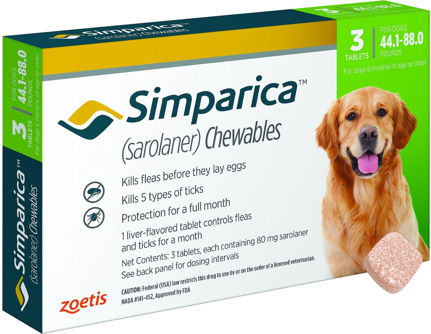 Simparica Chewable Tablets for Dogs, 44.188 lbs, 3 treatments