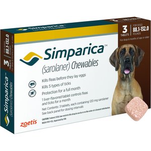 Simparica Chewable Tablet for Dogs, 88.1-132 lbs, (Brown Box), 3 Chewable Tablets (3-mos. supply)