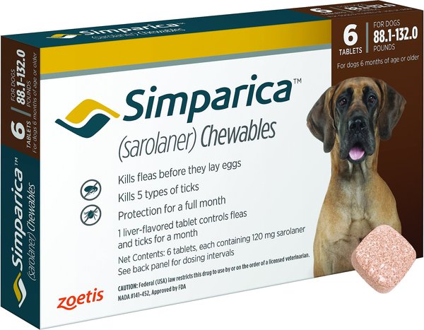 Simparica Chewable Tablet for Dogs, 88.1-132 lbs, (Brown Box), 6 Chewable Tablets (6-mos. supply) slide 1 of 4