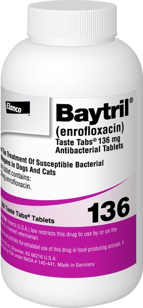 Baytril (Enrofloxacin) Taste Tabs for Dogs & Cats, 136-mg, 1 flavored tablet slide 1 of 6