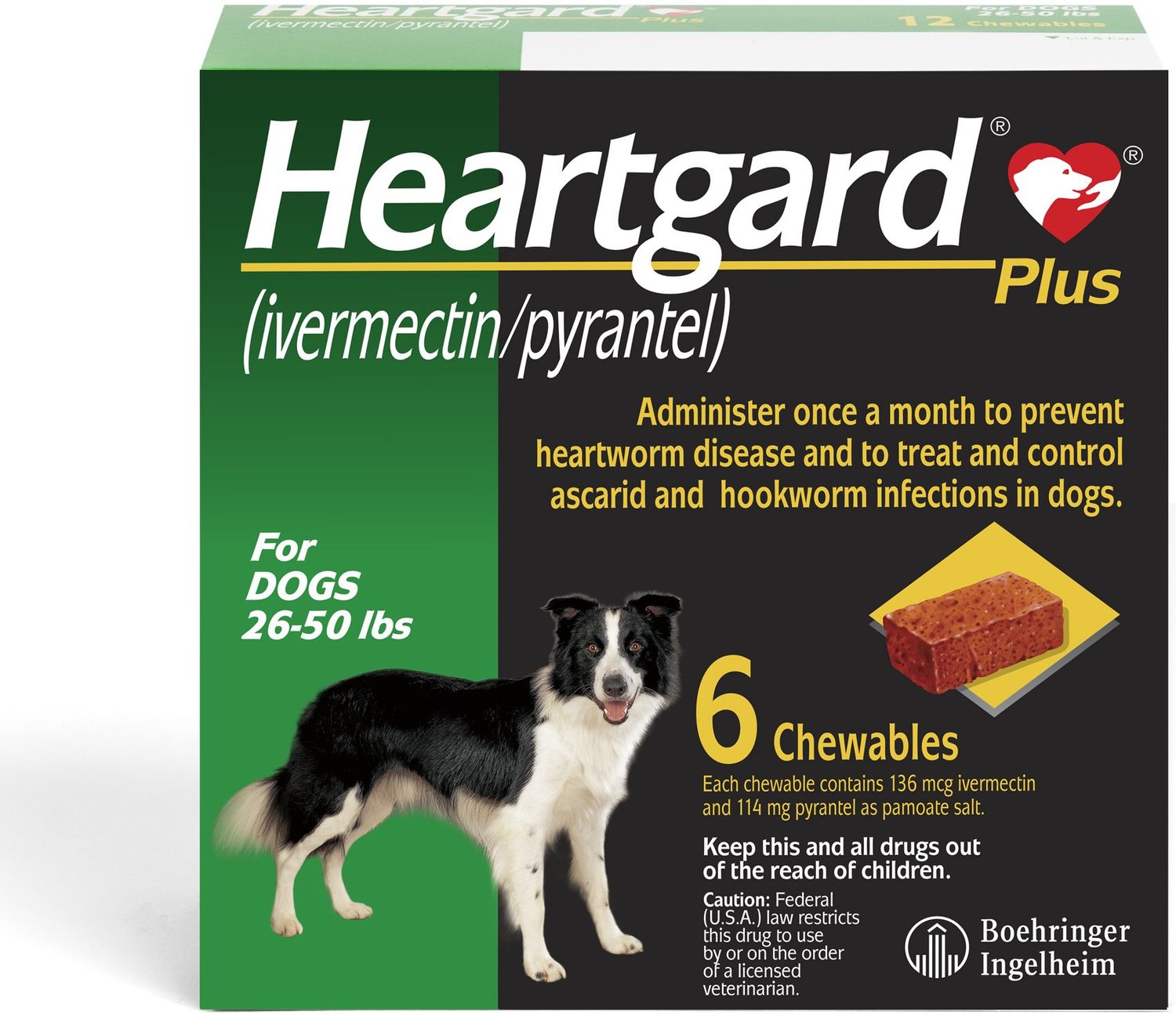 Heartgard Plus Chewables For Dogs 26 50 Lbs 6 Treatments Green Box 