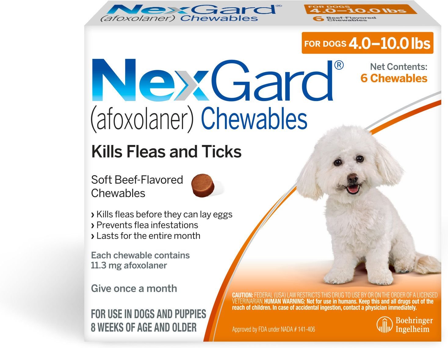 NexGard Chewable Tablets for Dogs, 4-10 lbs, 6 treatments (Orange Box)