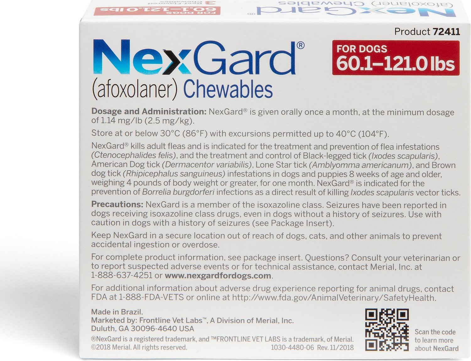 NexGard Chewable Tablets for Dogs, 60.1121 lbs, 3 treatments (Red Box