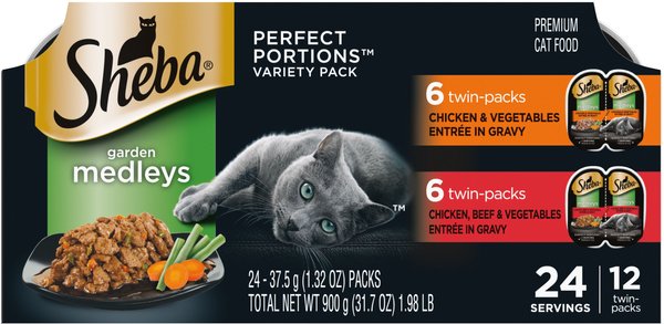 Sheba Perfect Portions Garden Medleys Chicken, Beef & Vegetables Entree in Gravy Variety Pack Grain-Free Cat Food Trays, 2.6-oz, case of 12 twin-packs slide 1 of 9