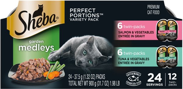 Sheba Perfect Portions Garden Medleys Tuna, Salmon & Vegetables Entree in Gravy Variety Pack Grain-Free Cat Food Trays, 2.6-oz, case of 12 twin packs slide 1 of 9
