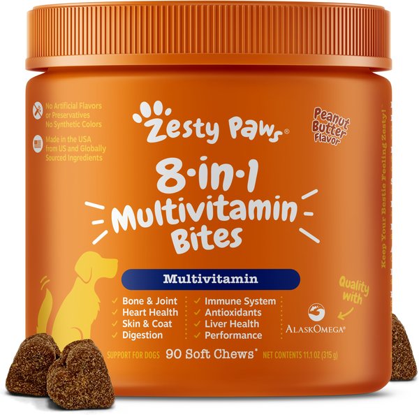 Zesty Paws 8-in-1 Bites Peanut Butter Flavored Soft Chews Multivitamin for Dogs, 90 count slide 1 of 10