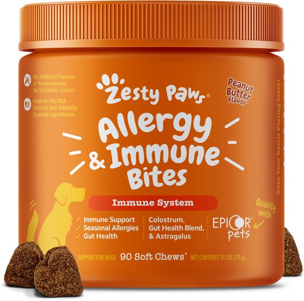 Zesty Paws Aller-Immune Bites Peanut Butter Flavored Soft Chews Allergy & Immune Supplement for Dogs, 90 count slide 1 of 10