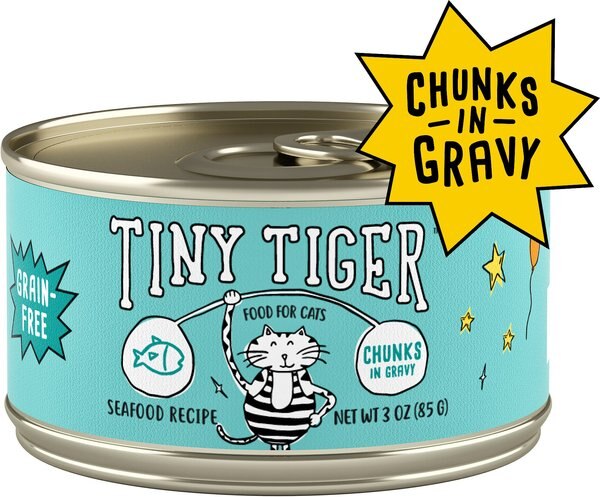 Tiny Tiger Chunks in Gravy Seafood Recipe Grain-Free Canned Cat Food, 3-oz, case of 24 slide 1 of 10