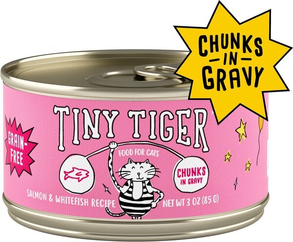 Tiny Tiger Chunks in Gravy Salmon & Whitefish Recipe Grain-Free Canned Cat Food, 3-oz, case of 24 slide 1 of 10