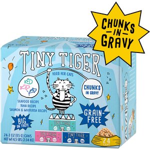 Tiny Tiger Chunks in Gravy Seafood Recipes Variety Pack Grain-Free Canned Cat Food, 3-oz, case of 24